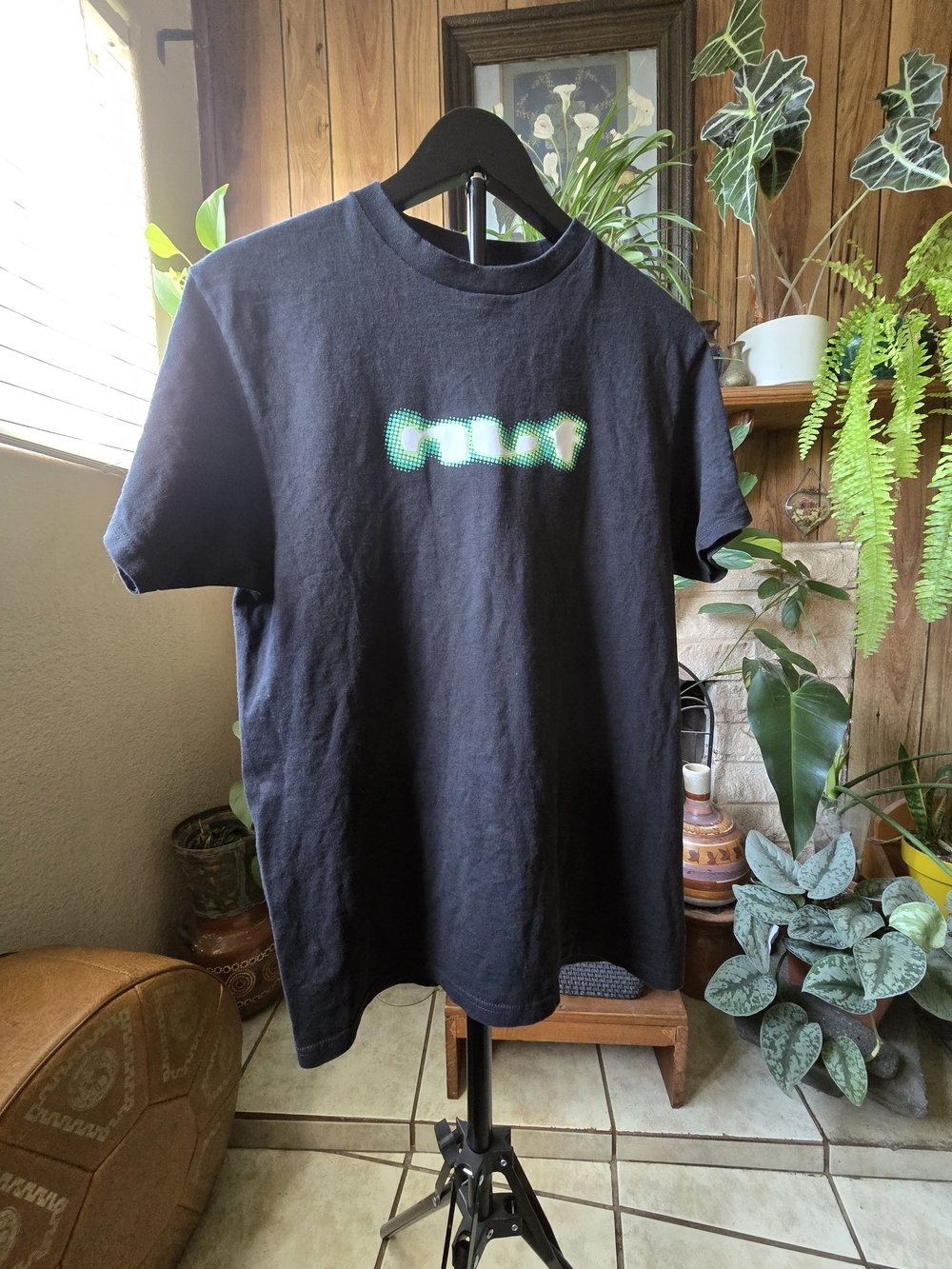 HUF Black Tee with Neon Green Pixel Logo